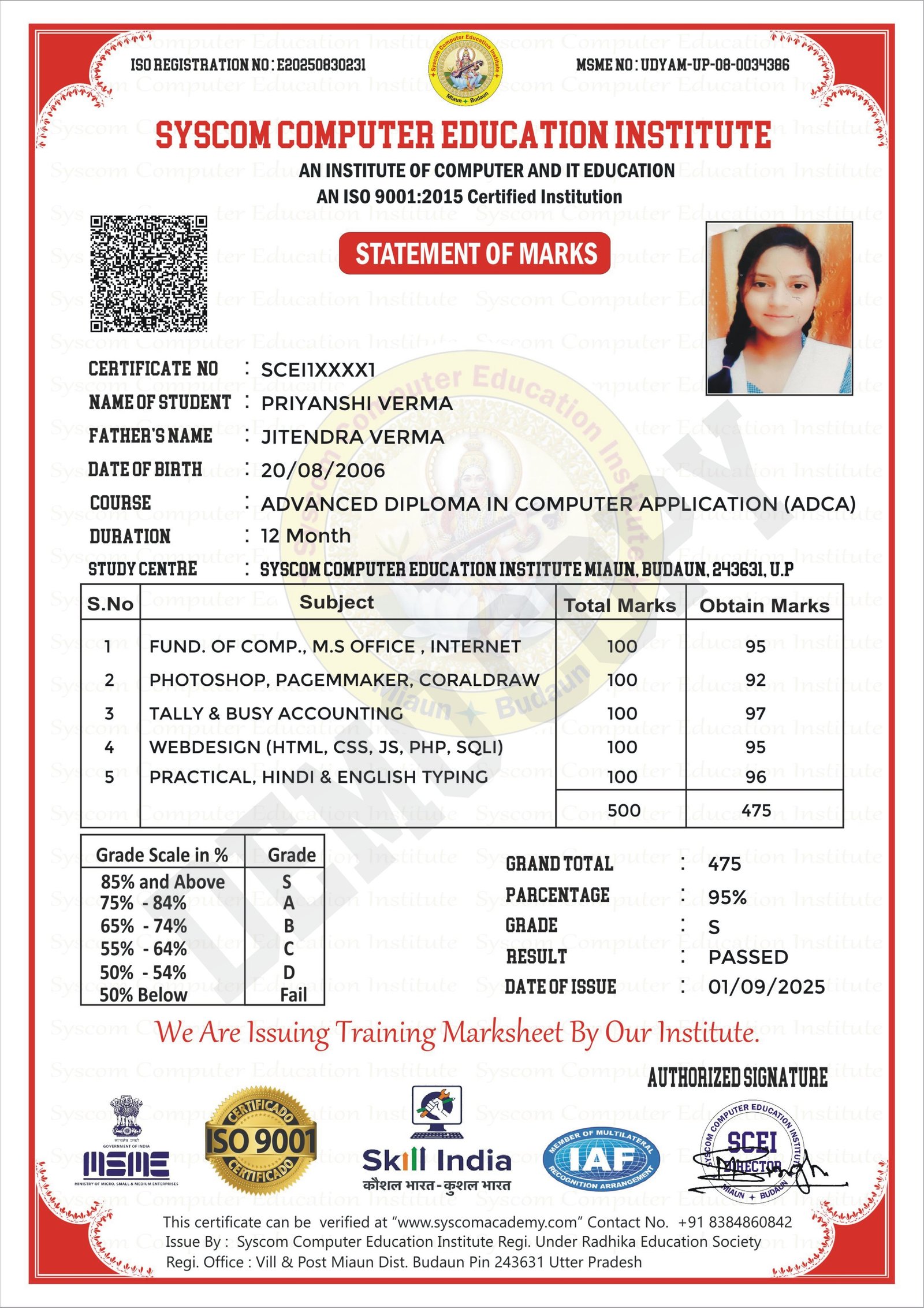 Certificate Demo - Syscom Computer Education Center